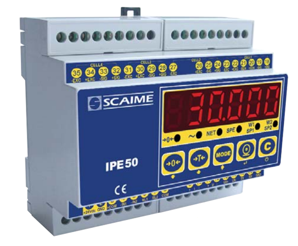 IPE50 DIN - <li>Panelový vážní indikátor na DIN lištu</li>
<li>Šestimístný LED displej, výška číslic 13 mm</li>
<li>Přesnost 10000 d, OIML  R76</li>
<li>Napájecí napětí 12….24V DC / 3,6W</li>
<li>Může napájet až 8 snímačů 350 ?, 4 nebo 6 vodičových</li>
<li>Výstup RS232, RS485, dva log. vstupy a dva výstupy</li>
<li>Volitelně PROFIBUS, ukládání dat, analogový  výstup</li>
